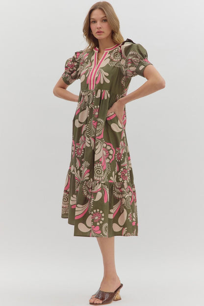 Sweet Thing Olive &amp; Pink Printed Midi Dress by Entro