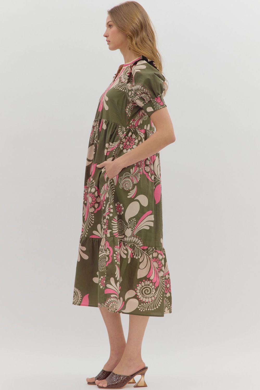 Sweet Thing Olive &amp; Pink Printed Midi Dress by Entro