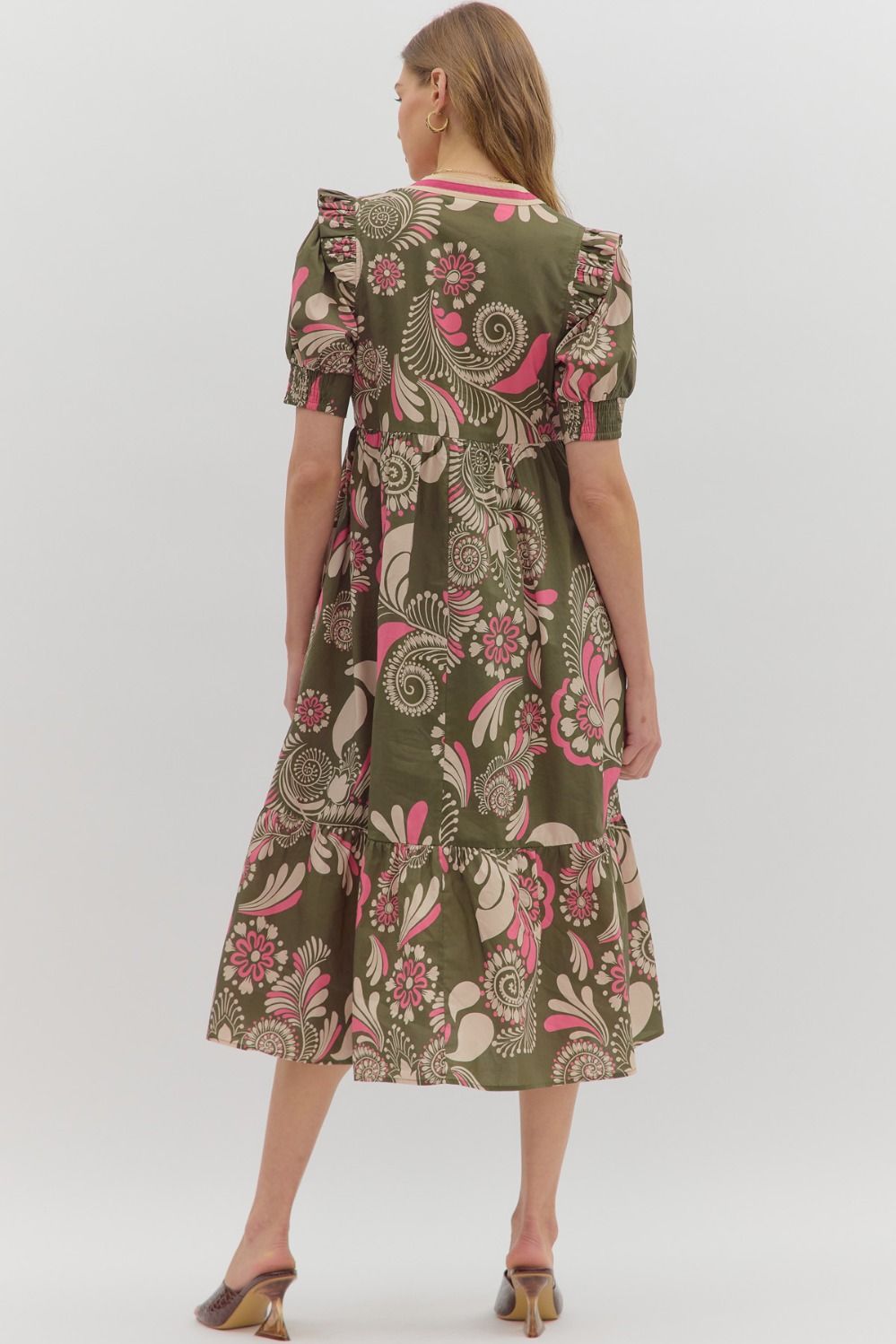 Sweet Thing Olive &amp; Pink Printed Midi Dress by Entro