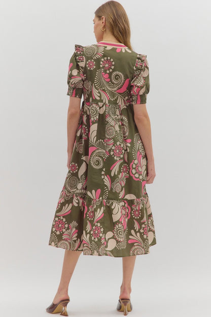 Sweet Thing Olive &amp; Pink Printed Midi Dress by Entro