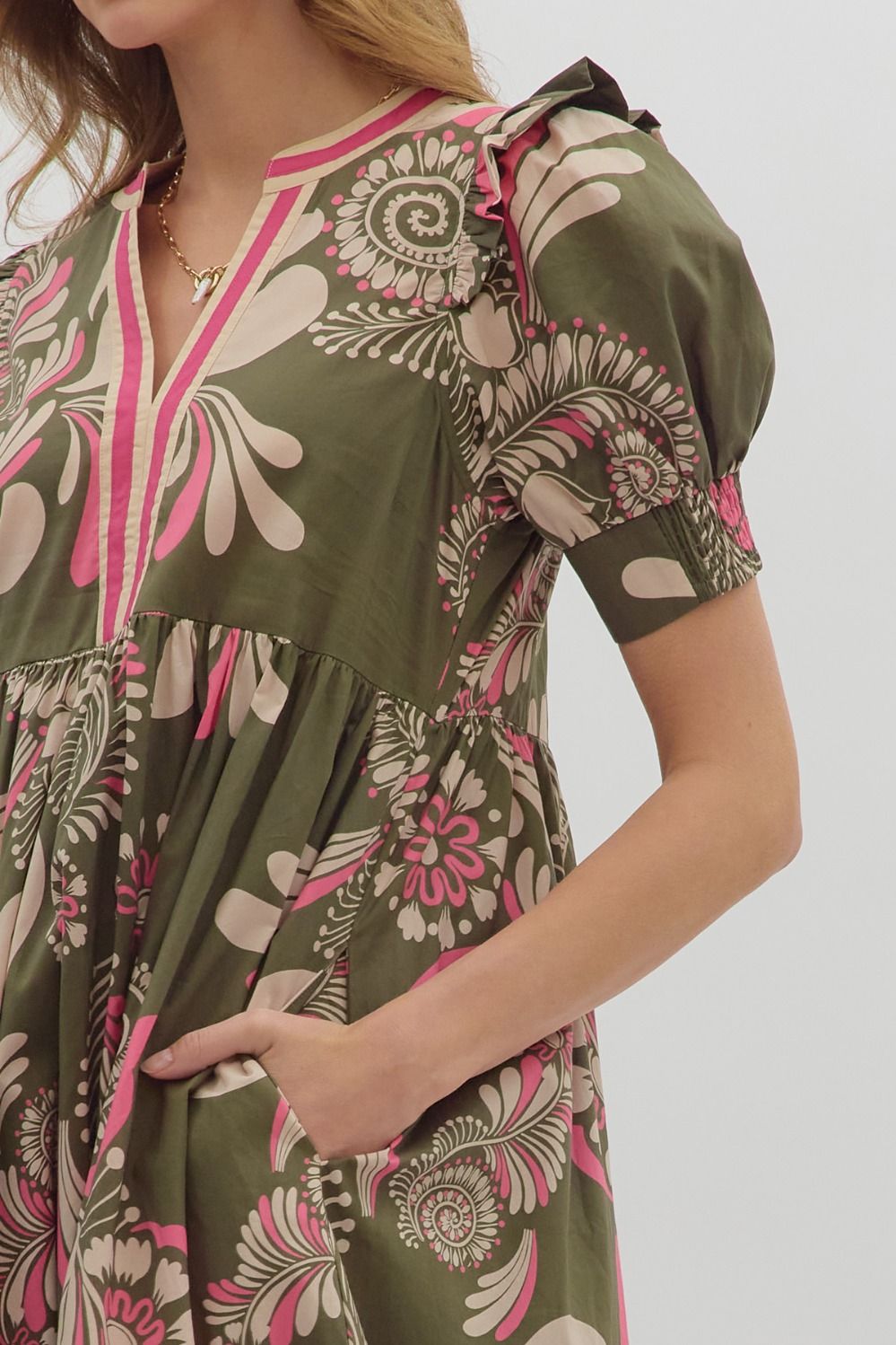 Sweet Thing Olive &amp; Pink Printed Midi Dress by Entro