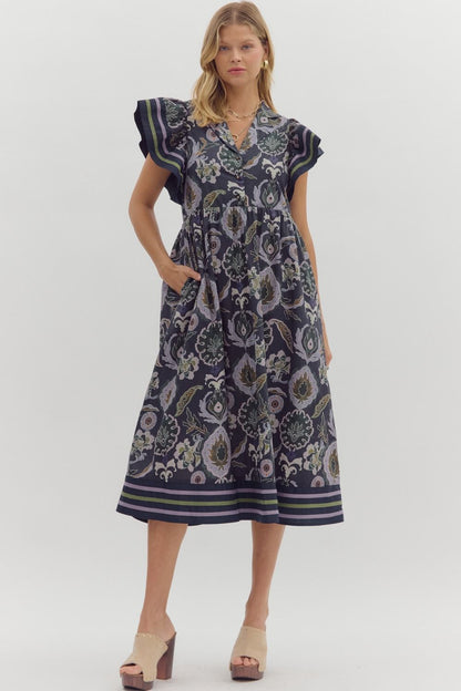Falling Into Place Purple and Navy Printed Midi Dress by Entro