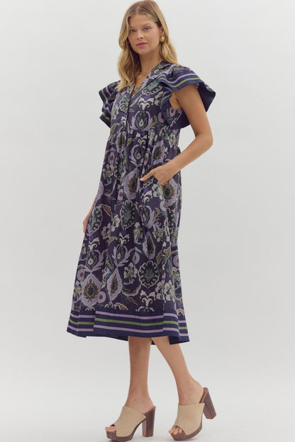 Falling Into Place Purple and Navy Printed Midi Dress by Entro