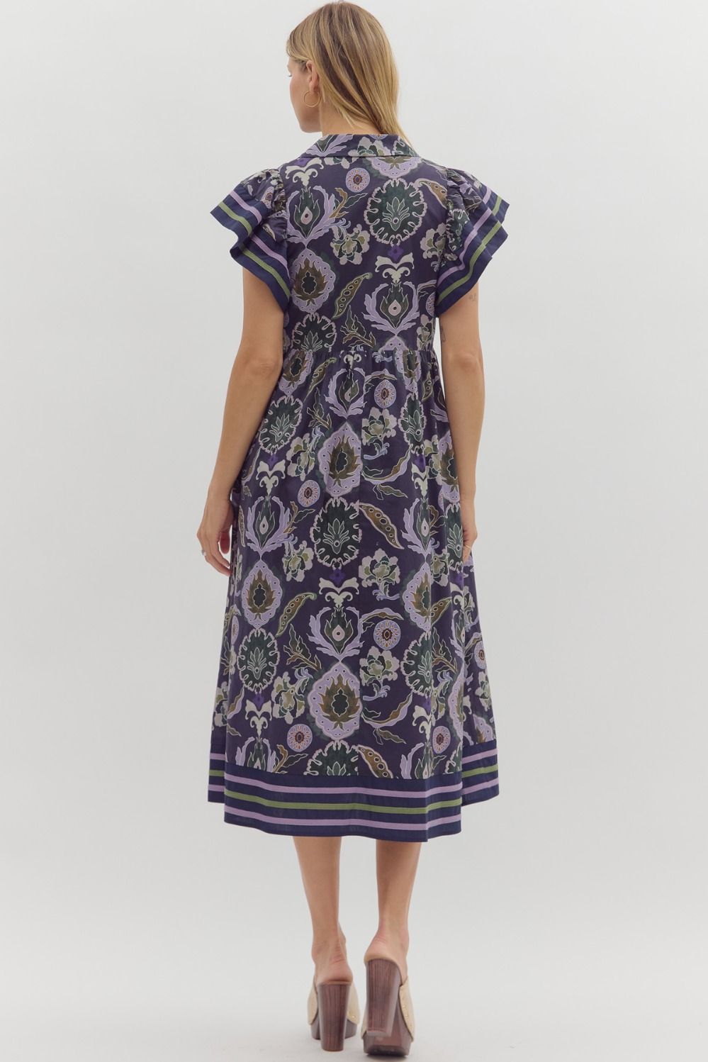 Falling Into Place Purple and Navy Printed Midi Dress by Entro