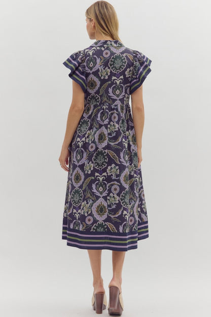 Falling Into Place Purple and Navy Printed Midi Dress by Entro