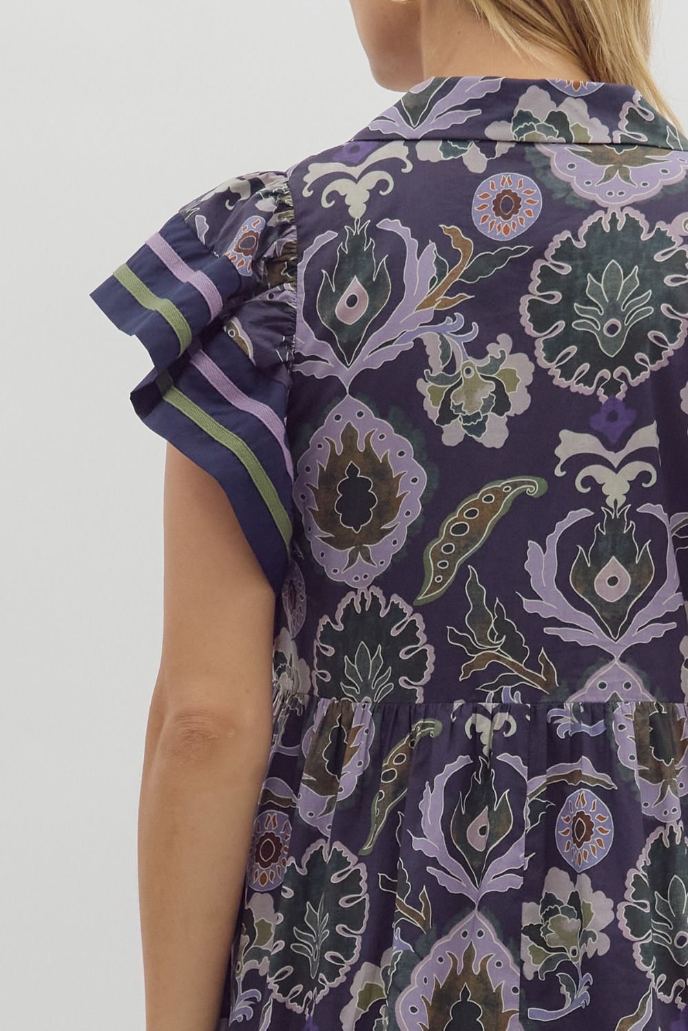 Falling Into Place Purple and Navy Printed Midi Dress by Entro