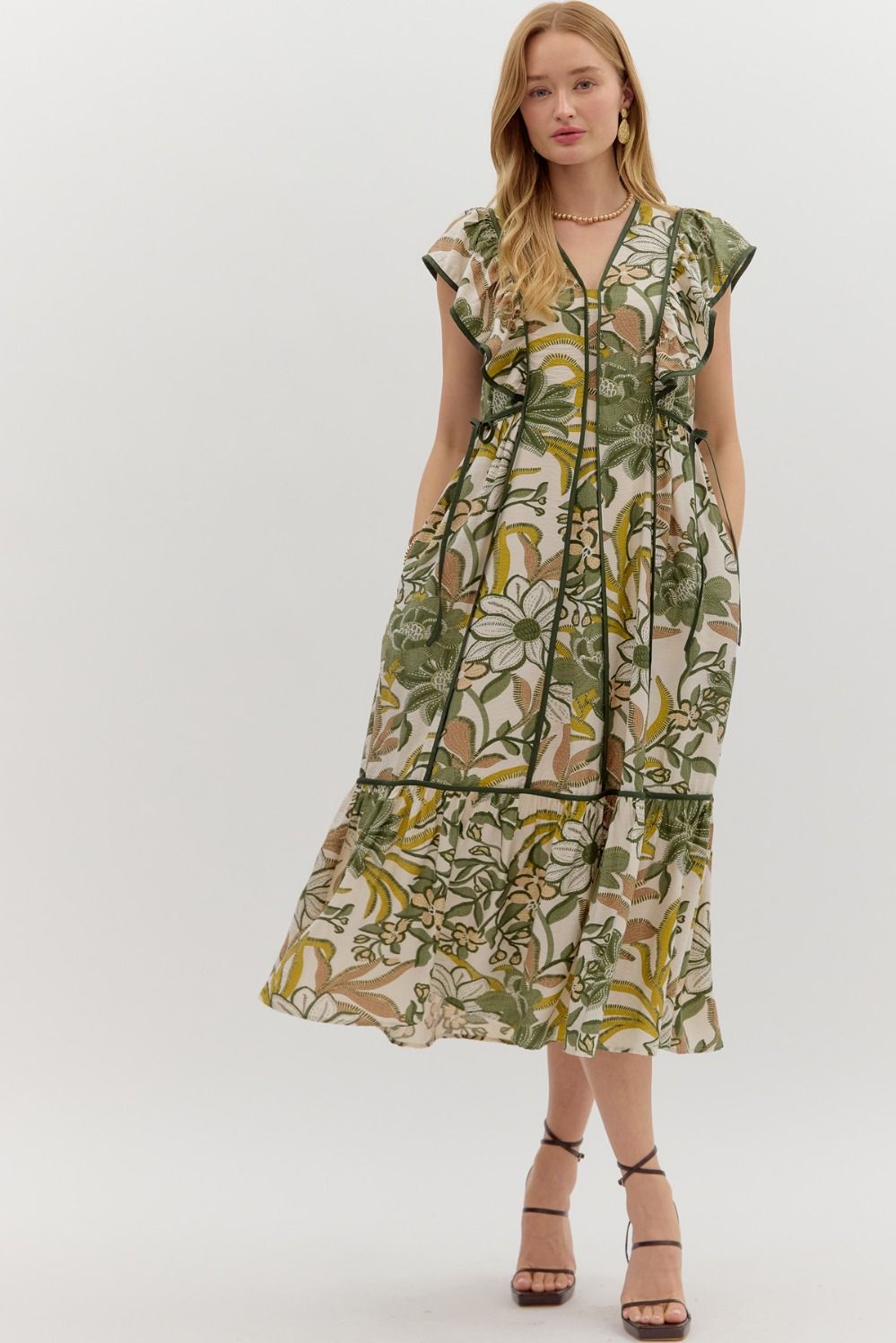 Hey Sunshine Olive Floral Printed Tie Waist Midi Dress by Entro