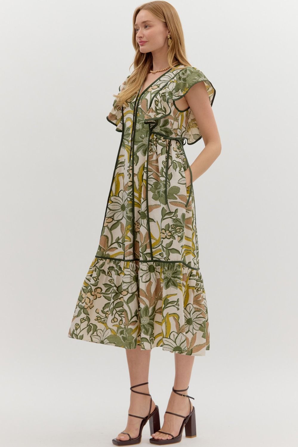 Hey Sunshine Olive Floral Printed Tie Waist Midi Dress by Entro