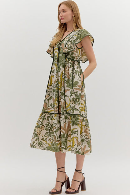 Hey Sunshine Olive Floral Printed Tie Waist Midi Dress by Entro