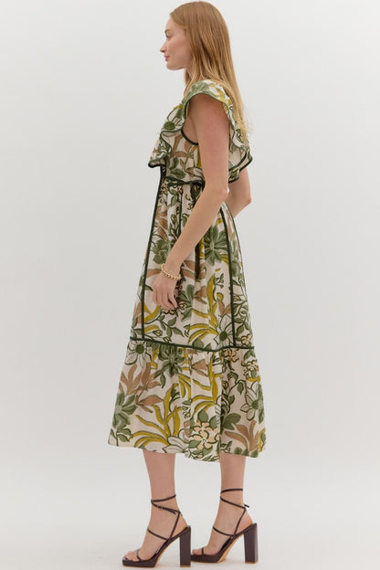 Hey Sunshine Olive Floral Printed Tie Waist Midi Dress by Entro