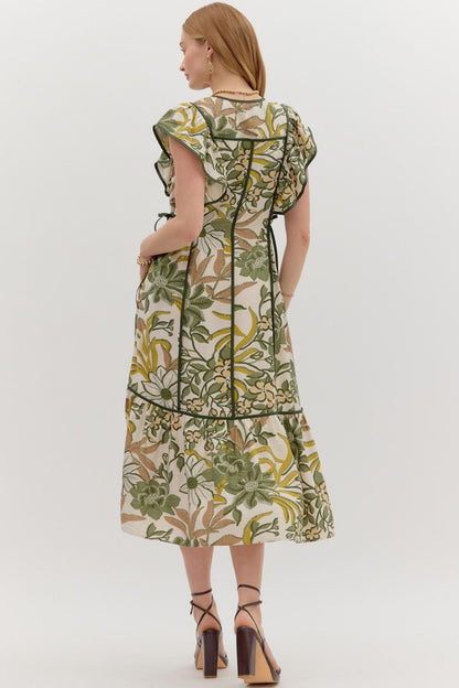 Hey Sunshine Olive Floral Printed Tie Waist Midi Dress by Entro