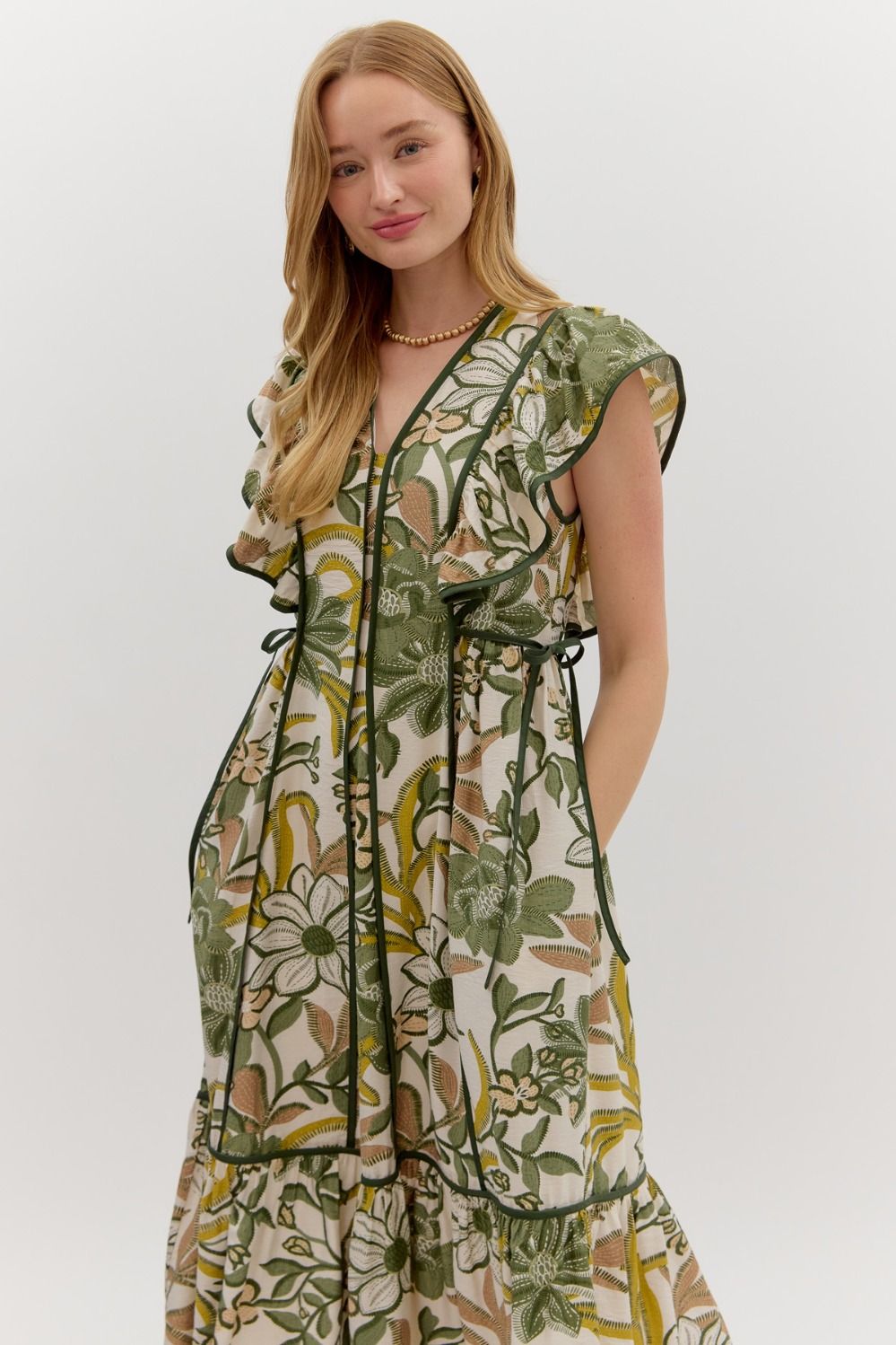 Hey Sunshine Olive Floral Printed Tie Waist Midi Dress by Entro