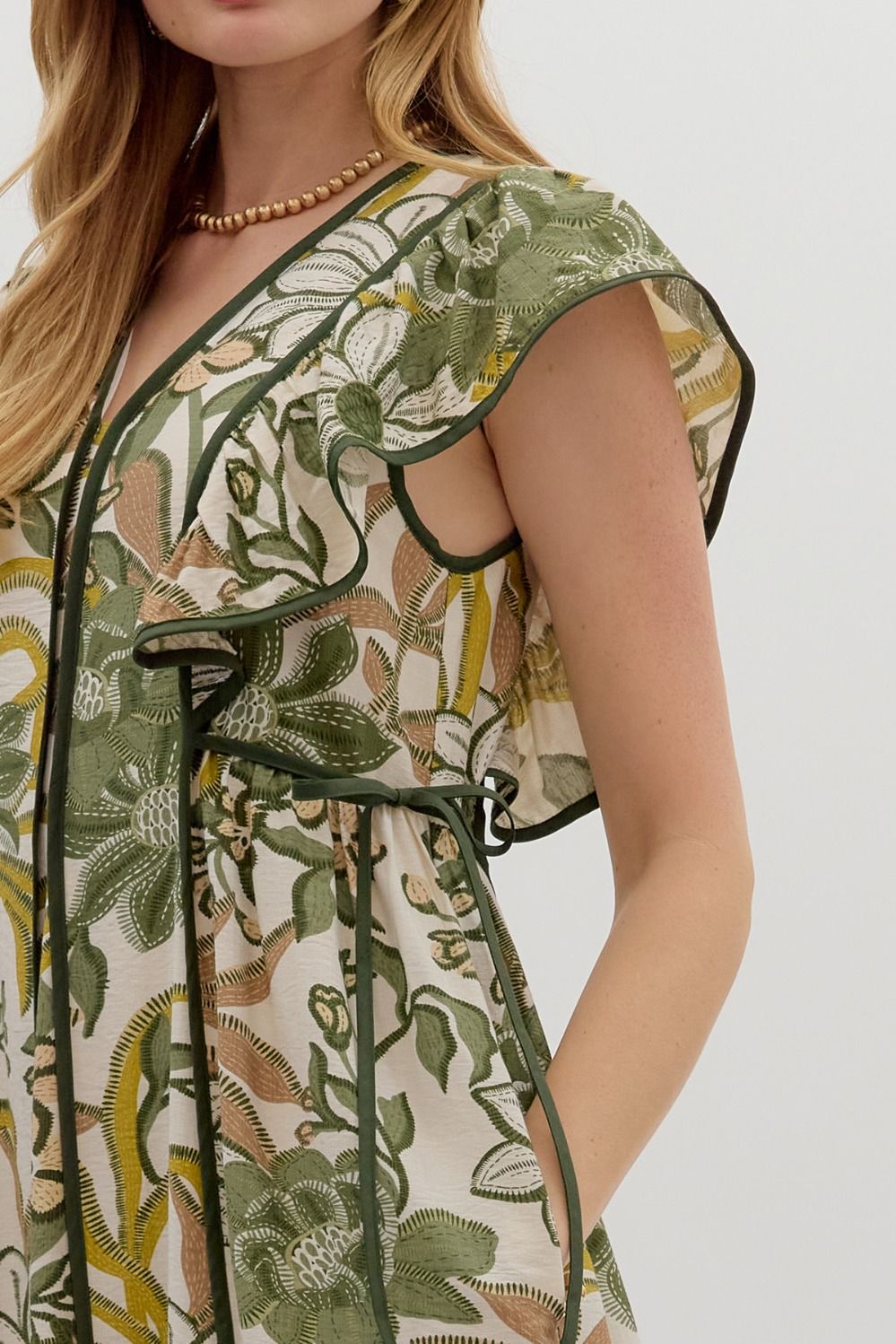 Hey Sunshine Olive Floral Printed Tie Waist Midi Dress by Entro