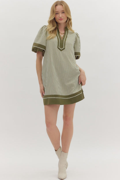 First Things First Olive &amp; Cream Striped With Olive Lining Dress by Entro