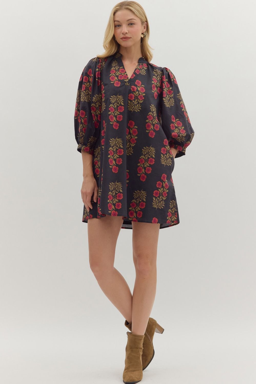 Wine &amp; Shine Black With Burgundy &amp; Olive Floral Print Dress by Entro