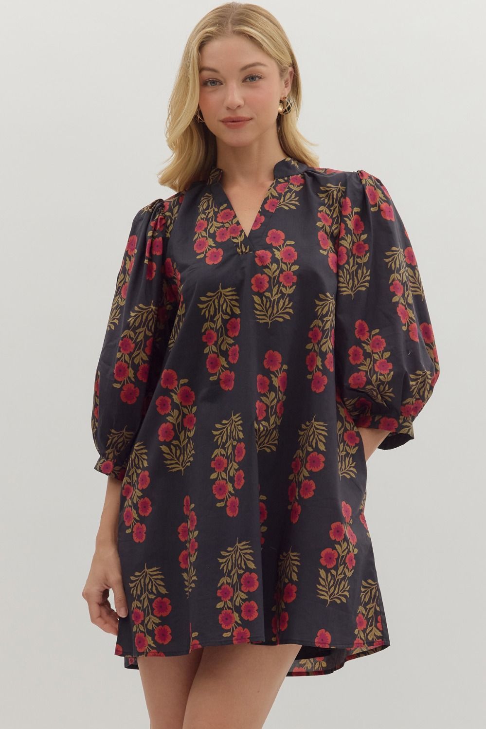Wine &amp; Shine Black With Burgundy &amp; Olive Floral Print Dress by Entro