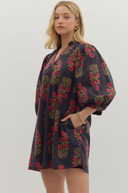 Wine &amp; Shine Black With Burgundy &amp; Olive Floral Print Dress by Entro