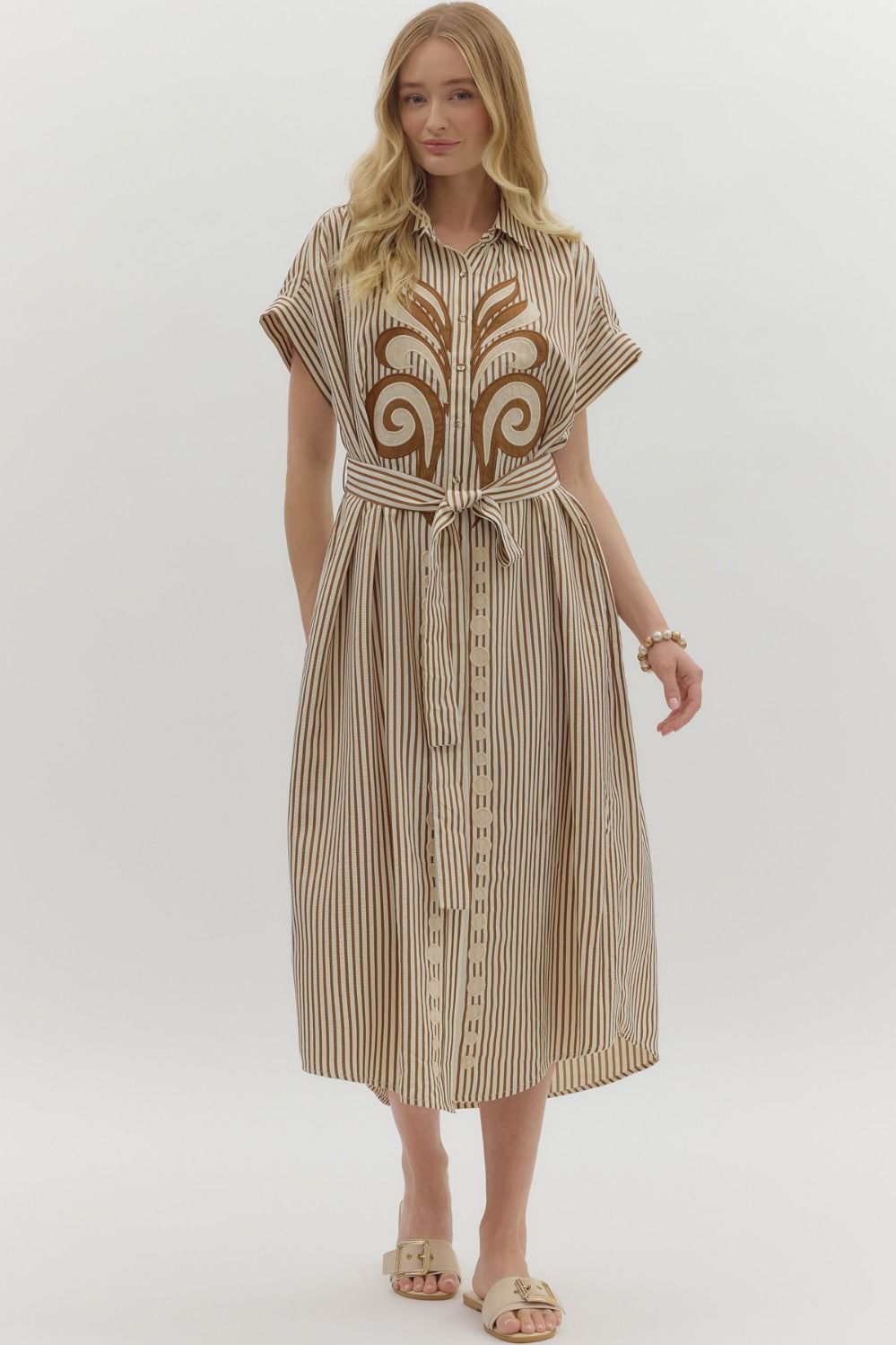 Living Loud Caramel Striped Embroidered Midi Dress by Entro