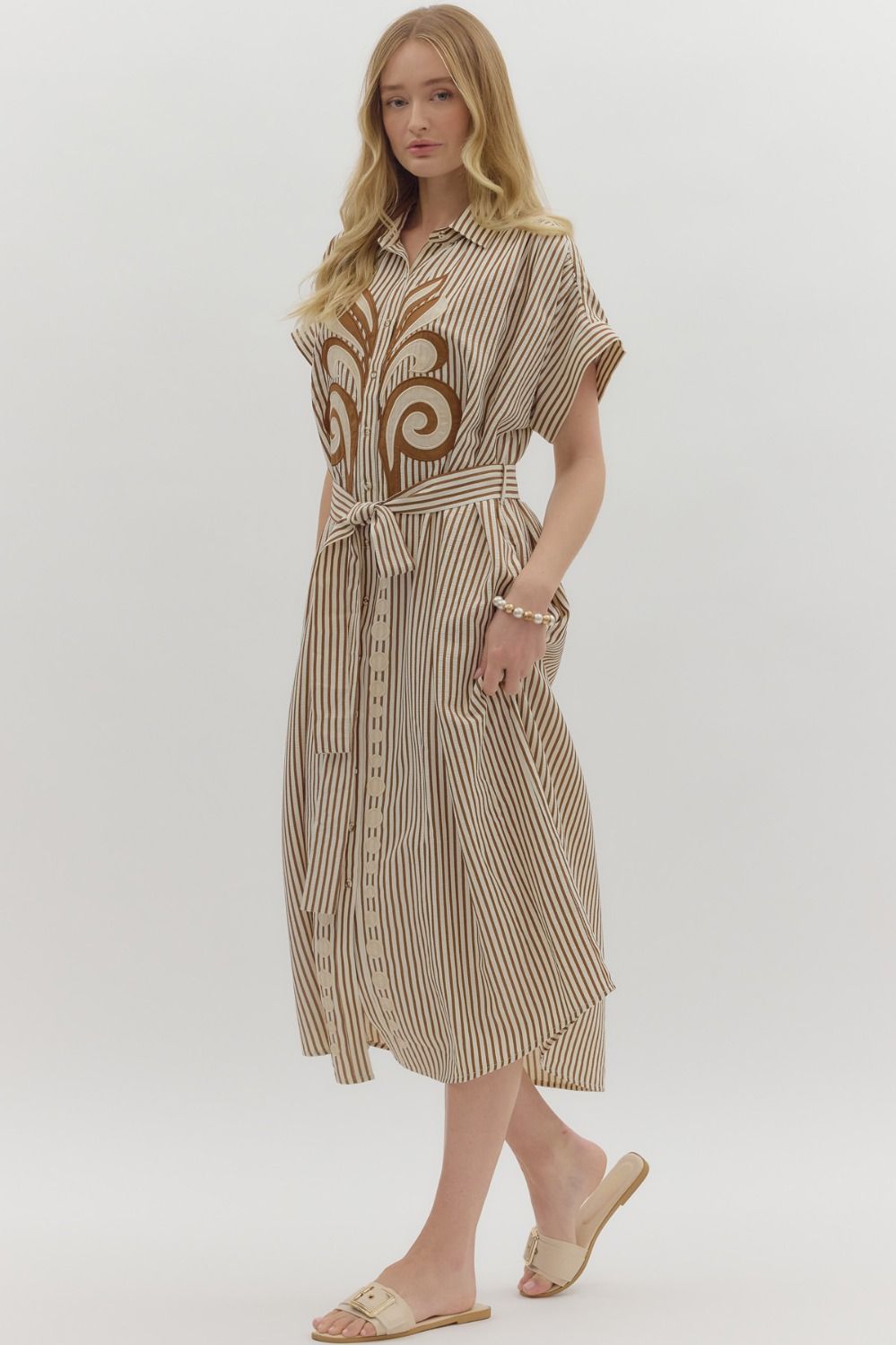 Living Loud Caramel Striped Embroidered Midi Dress by Entro
