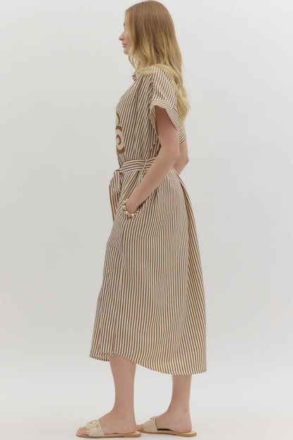 Living Loud Caramel Striped Embroidered Midi Dress by Entro