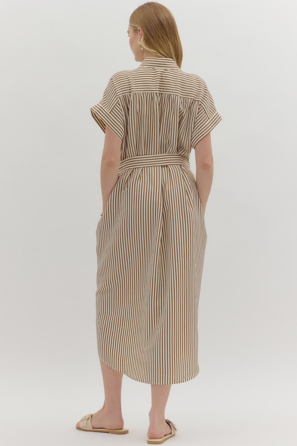 Living Loud Caramel Striped Embroidered Midi Dress by Entro