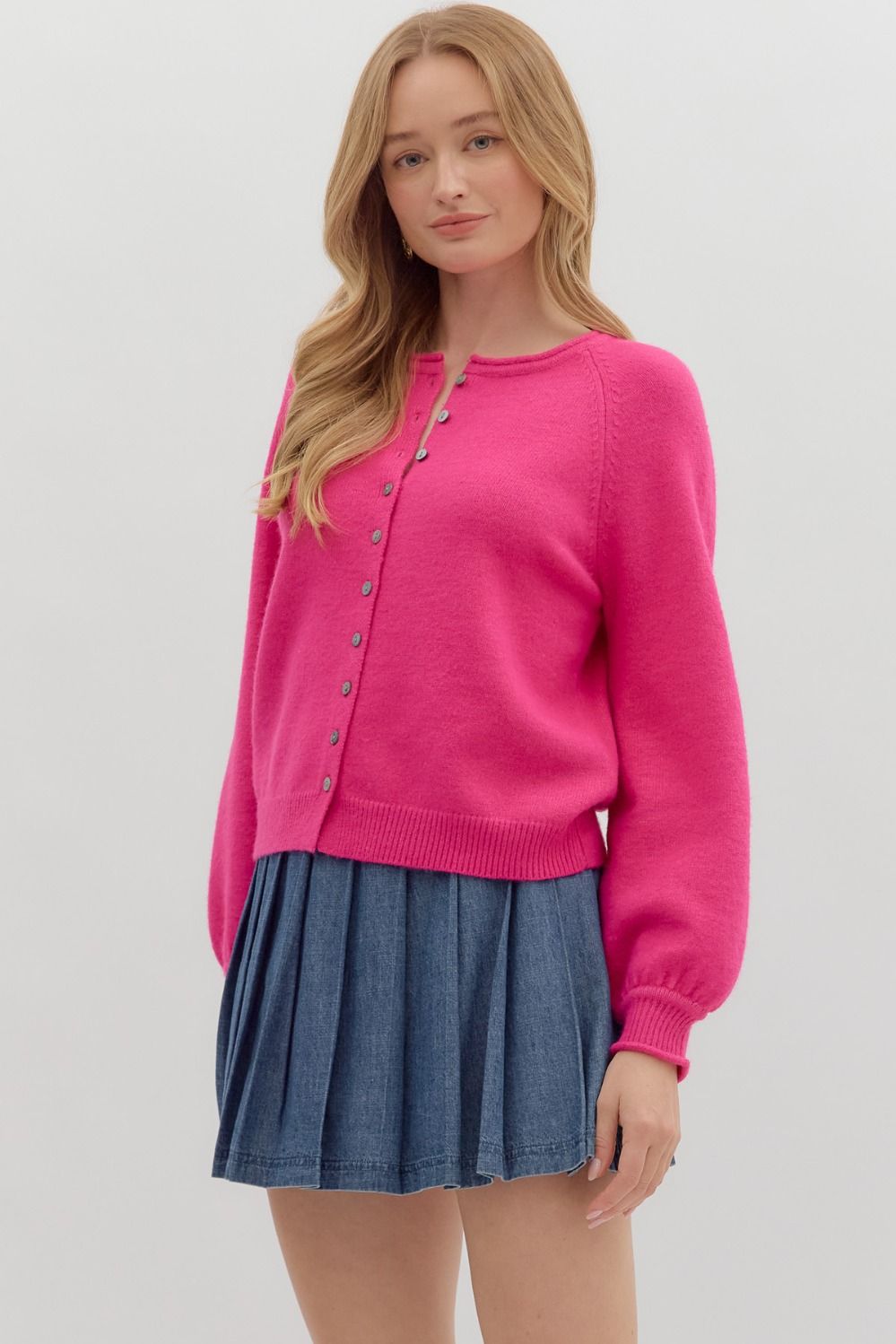 Good Energy Hot Pink Button Up Puff Sleeve Cardigan by Entro
