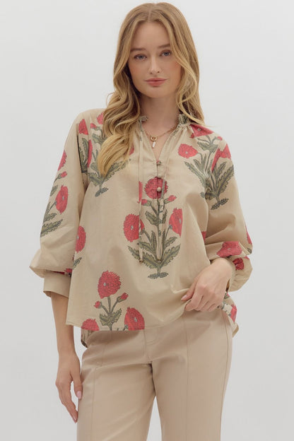 New Crush Ecru Floral Printed 3/4 Sleeve Top by Entro
