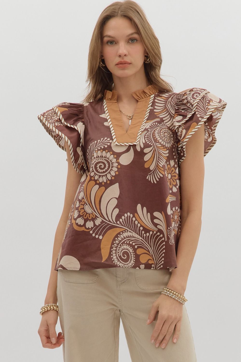 Sweet Thing Brown &amp; Rust Printed Flutter Sleeve Top by Entro