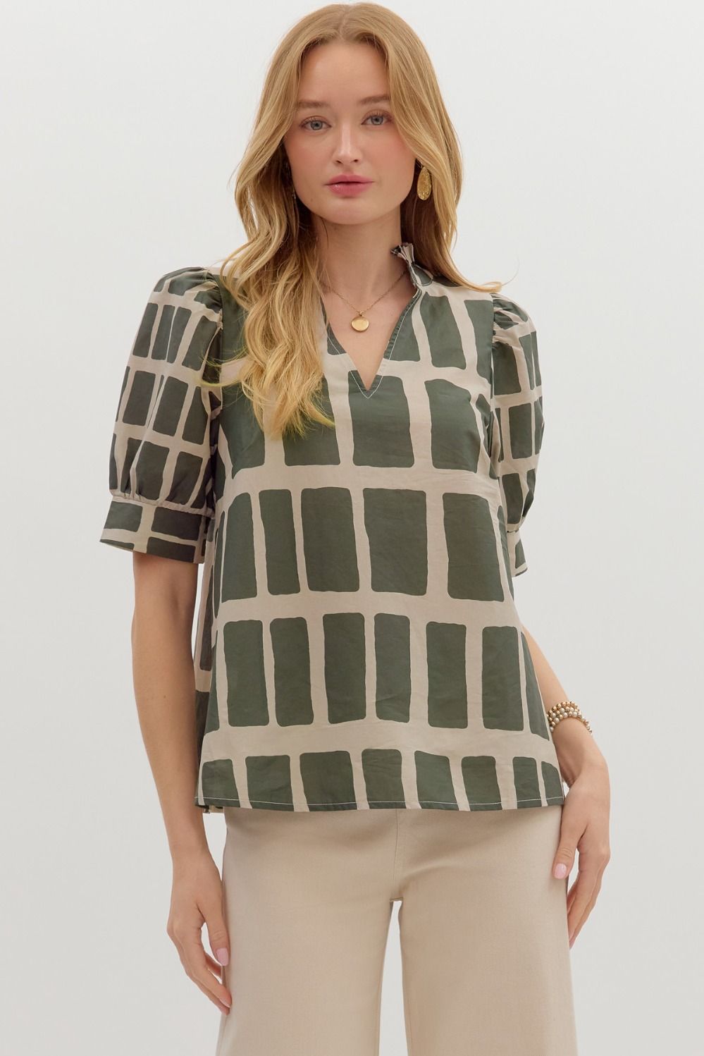 Hold My Hand Olive &amp; Khaki Abstract Print V-neck Top by Entro
