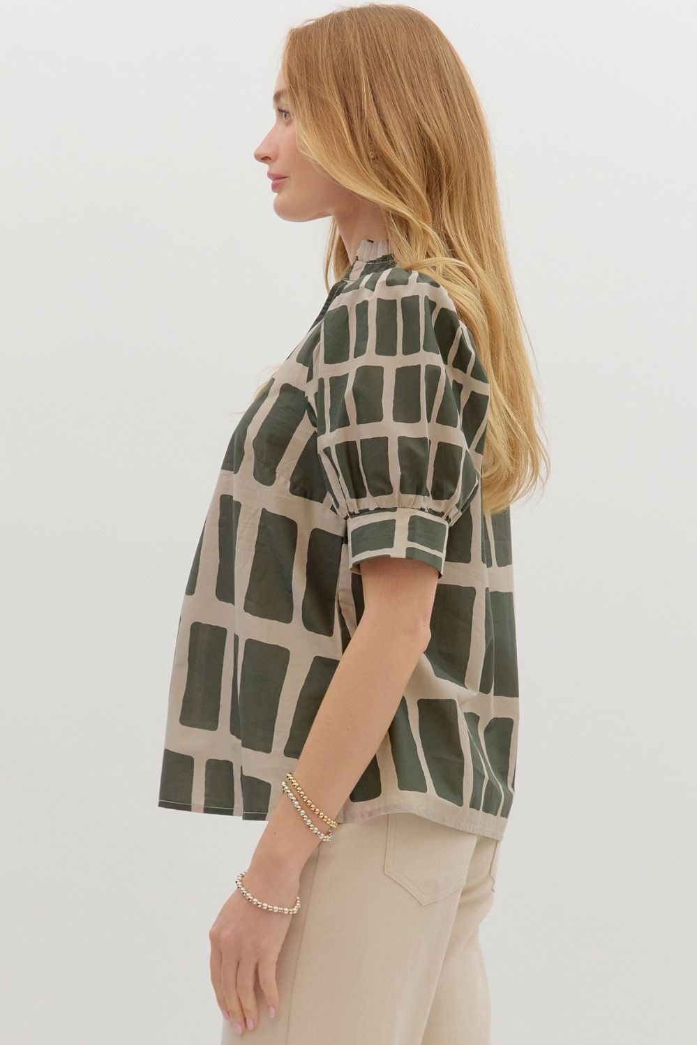 Hold My Hand Olive &amp; Khaki Abstract Print V-neck Top by Entro