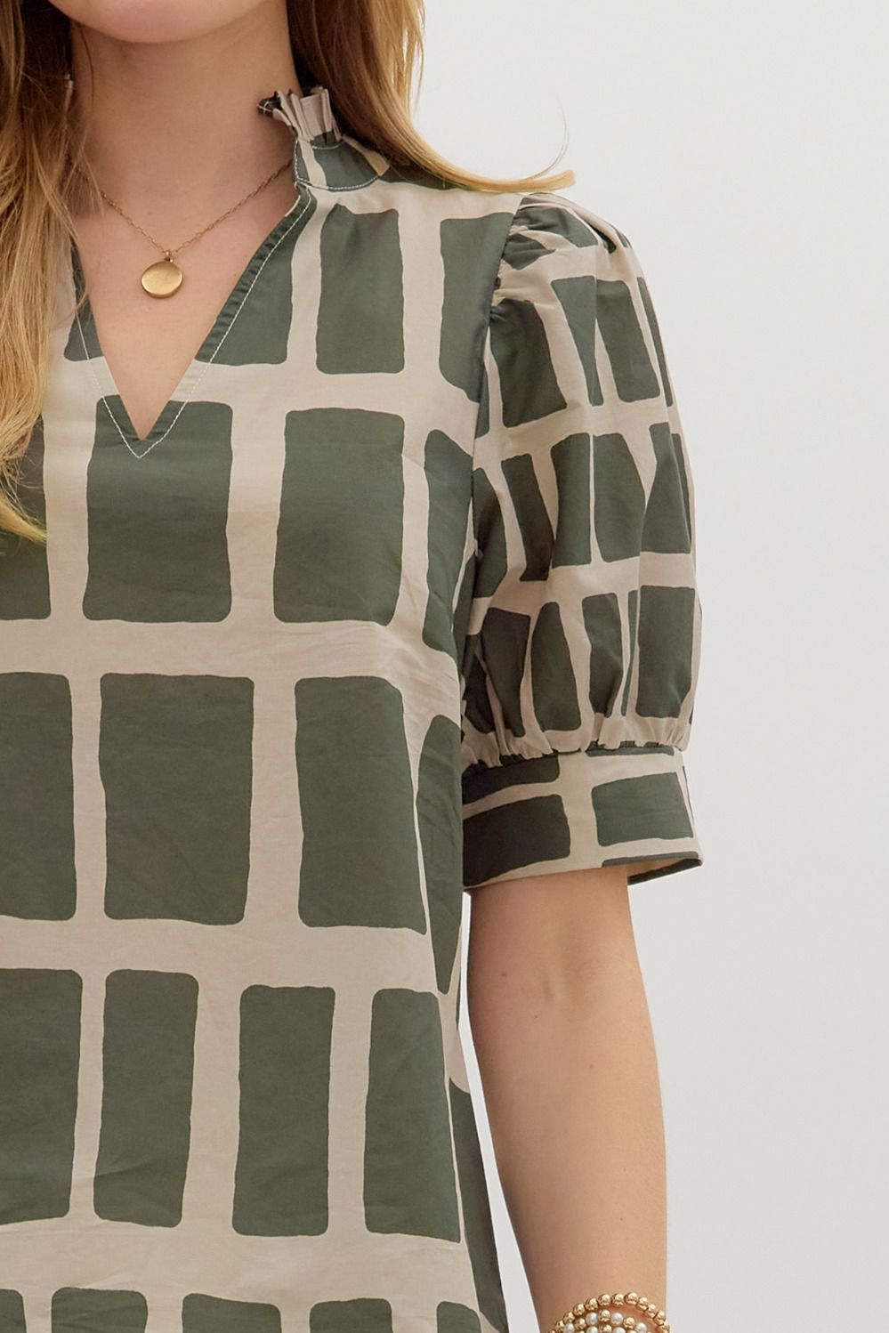 Hold My Hand Olive &amp; Khaki Abstract Print V-neck Top by Entro