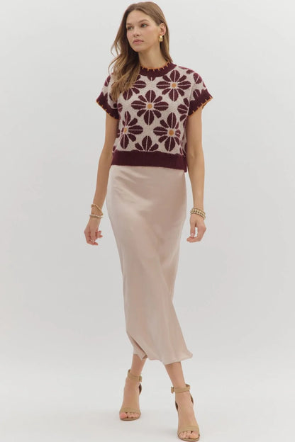 Toast To Tonight Wine Floral Print Short Sleeve Sweater by Entro