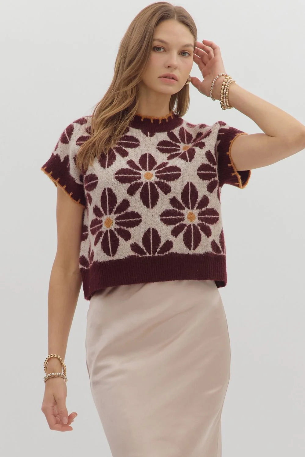 Toast To Tonight Wine Floral Print Short Sleeve Sweater by Entro