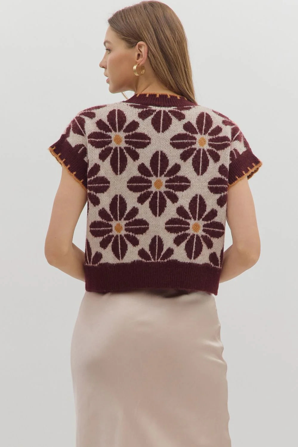 Toast To Tonight Wine Floral Print Short Sleeve Sweater by Entro