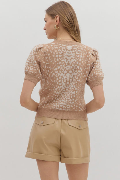 Double Take Taupe &amp; White Animal Print Short Puff Sleeve Sweater by Entro
