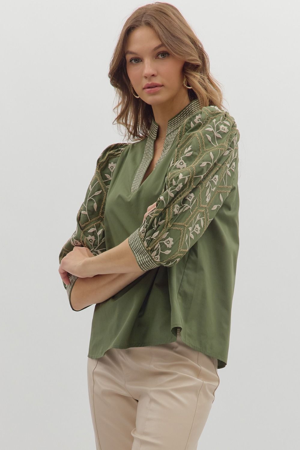 True Story Olive Embroidered 3/4 Sleeve Top by Entro