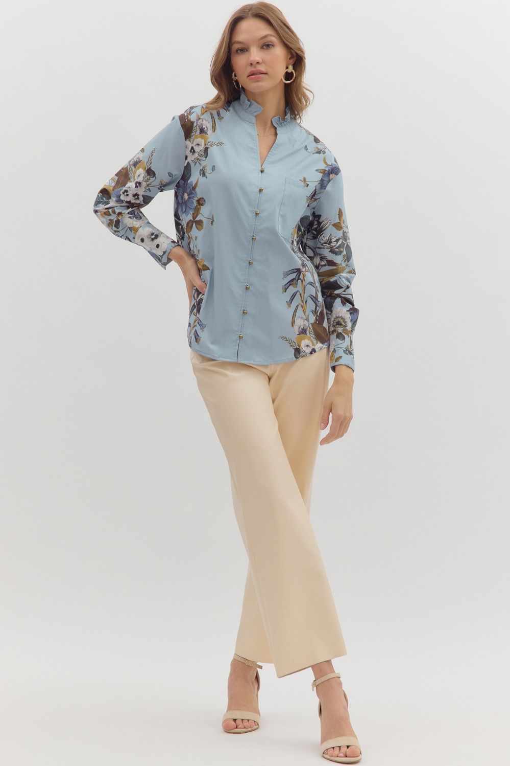 Cloud Cover Blue With Floral Lining Button Up Top by Entro