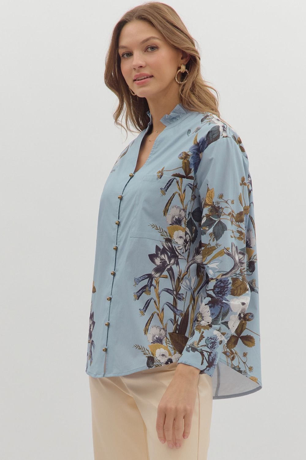 Cloud Cover Blue With Floral Lining Button Up Top by Entro