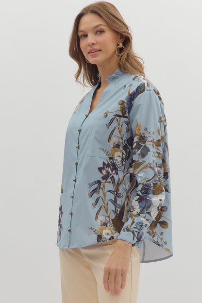 Cloud Cover Blue With Floral Lining Button Up Top by Entro