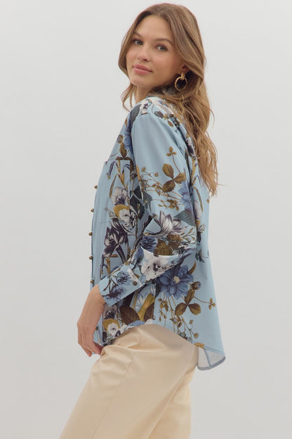 Cloud Cover Blue With Floral Lining Button Up Top by Entro