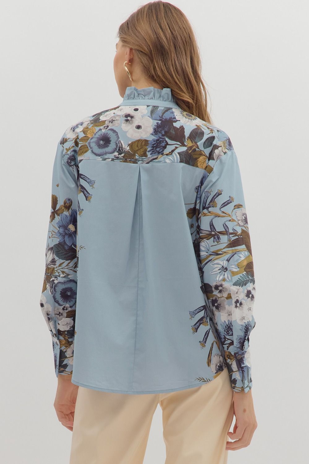 Cloud Cover Blue With Floral Lining Button Up Top by Entro