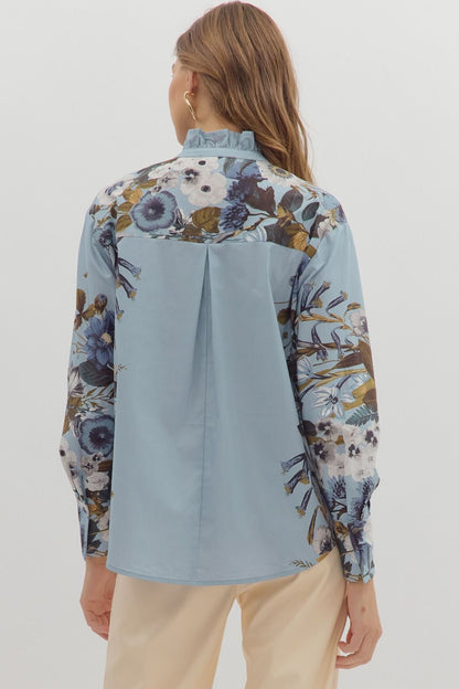 Cloud Cover Blue With Floral Lining Button Up Top by Entro