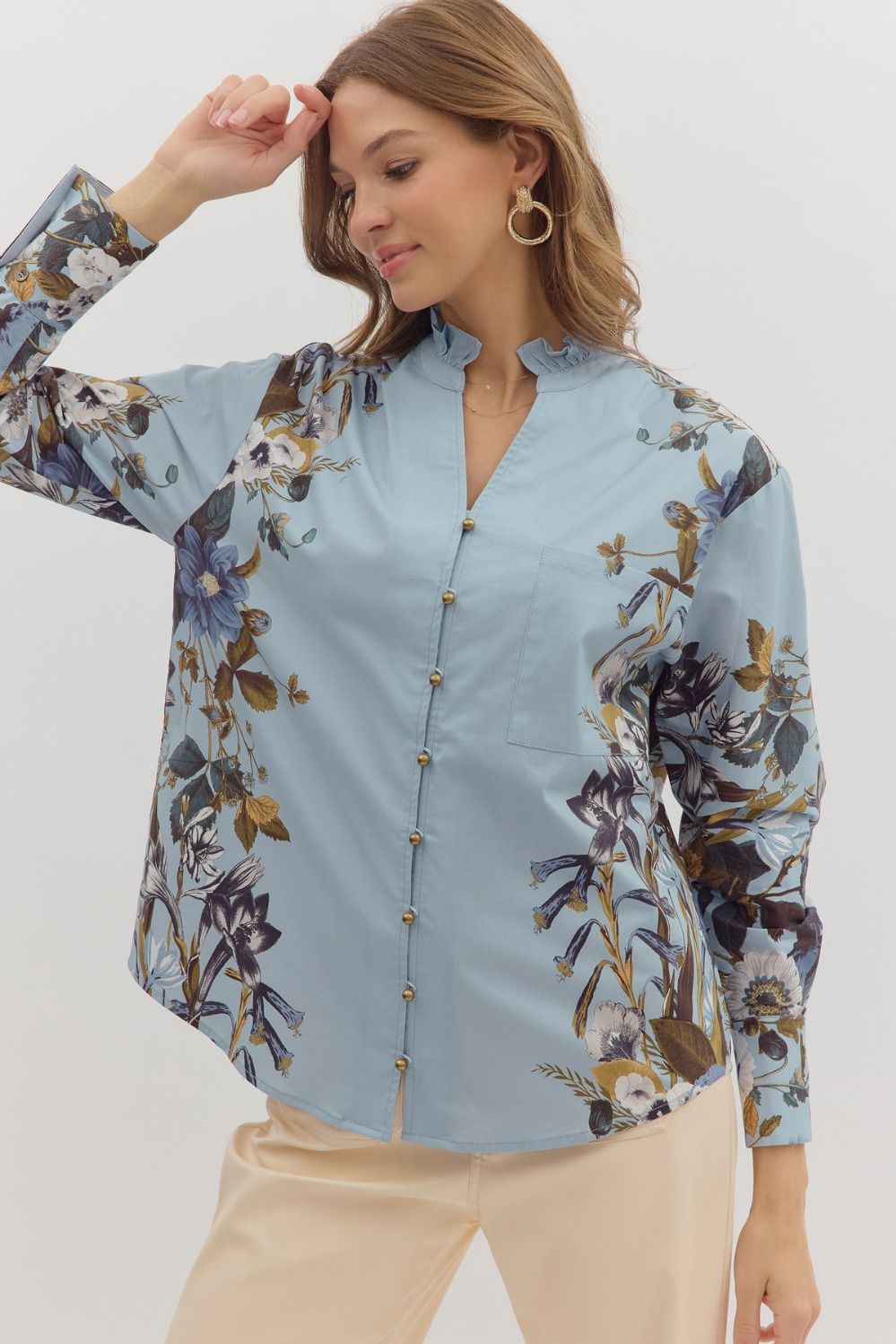 Cloud Cover Blue With Floral Lining Button Up Top by Entro