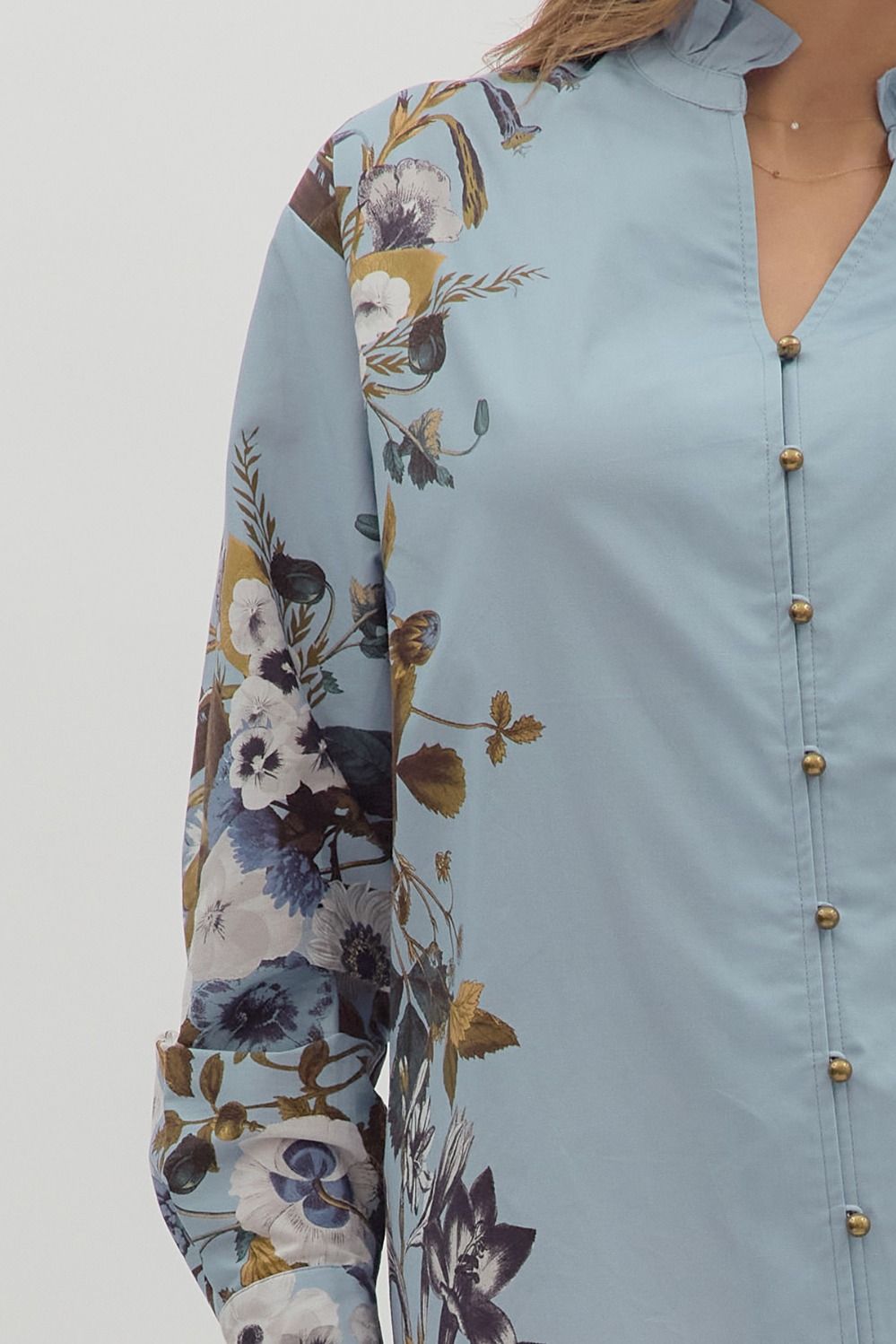 Cloud Cover Blue With Floral Lining Button Up Top by Entro