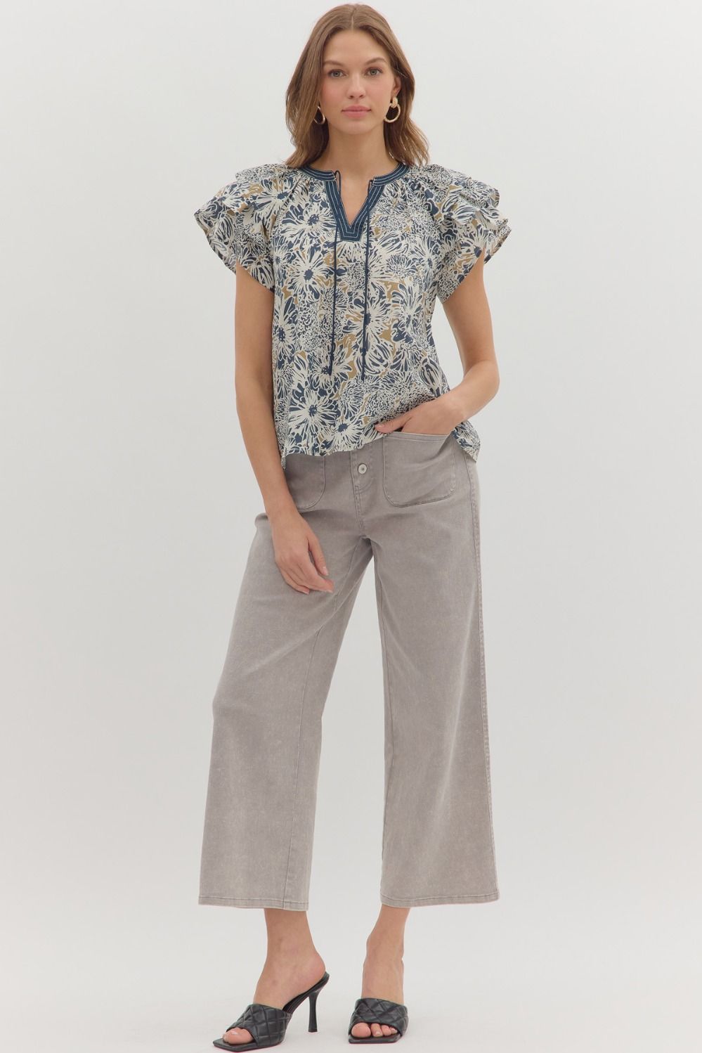 Fly Away Navy &amp; Taupe Floral Printed V-neck Top by Entro