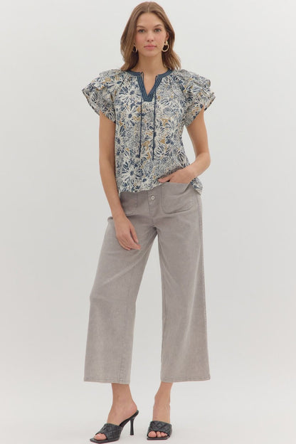 Fly Away Navy &amp; Taupe Floral Printed V-neck Top by Entro