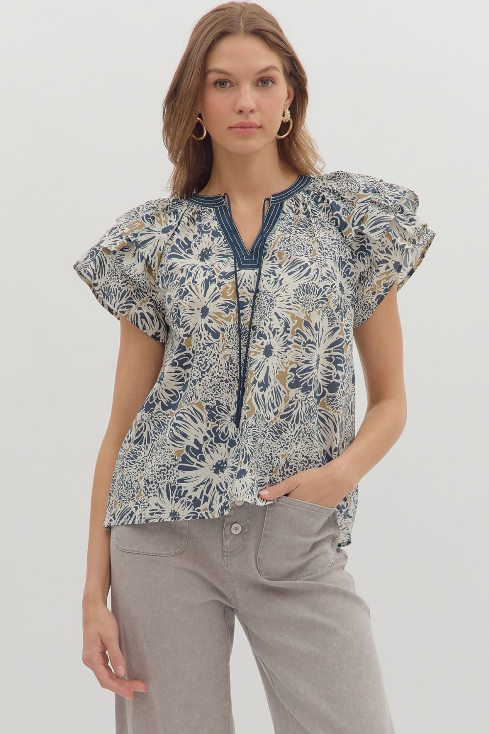 Fly Away Navy &amp; Taupe Floral Printed V-neck Top by Entro