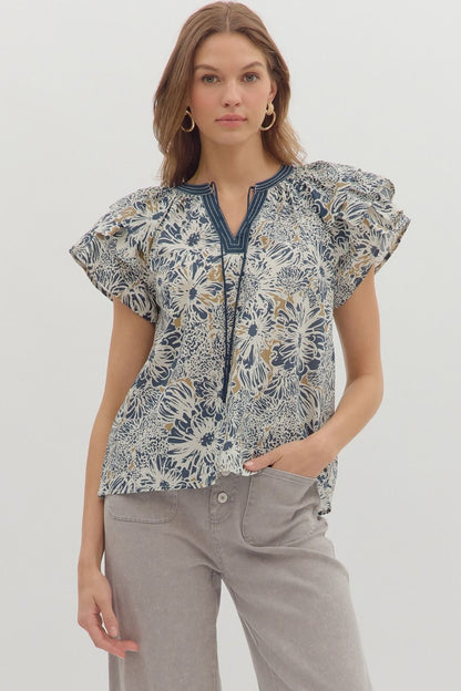 Fly Away Navy &amp; Taupe Floral Printed V-neck Top by Entro