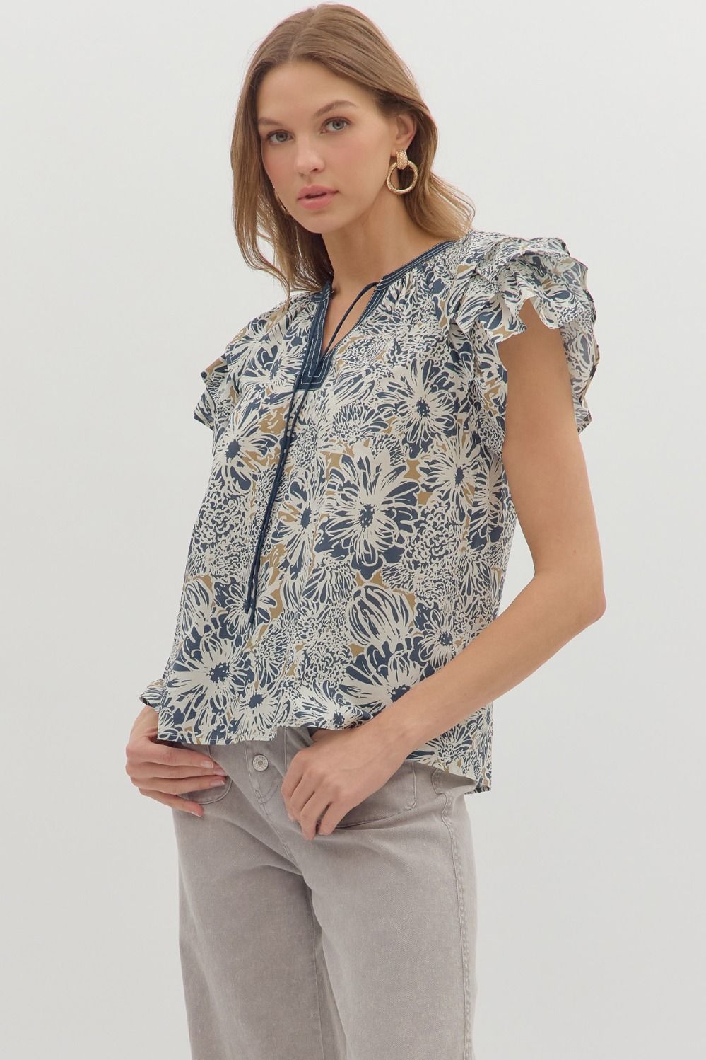 Fly Away Navy &amp; Taupe Floral Printed V-neck Top by Entro