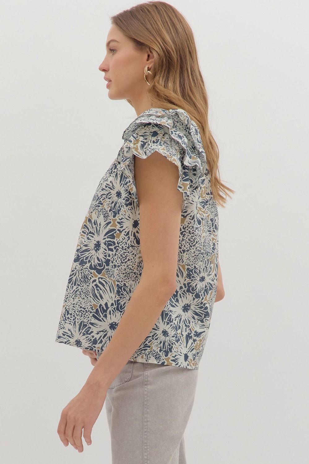 Fly Away Navy &amp; Taupe Floral Printed V-neck Top by Entro